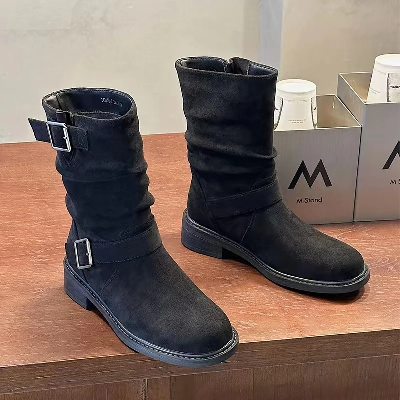 秋冬新款韩版通勤瘦瘦简约粗跟裸靴短靴62-7729(薄绒)