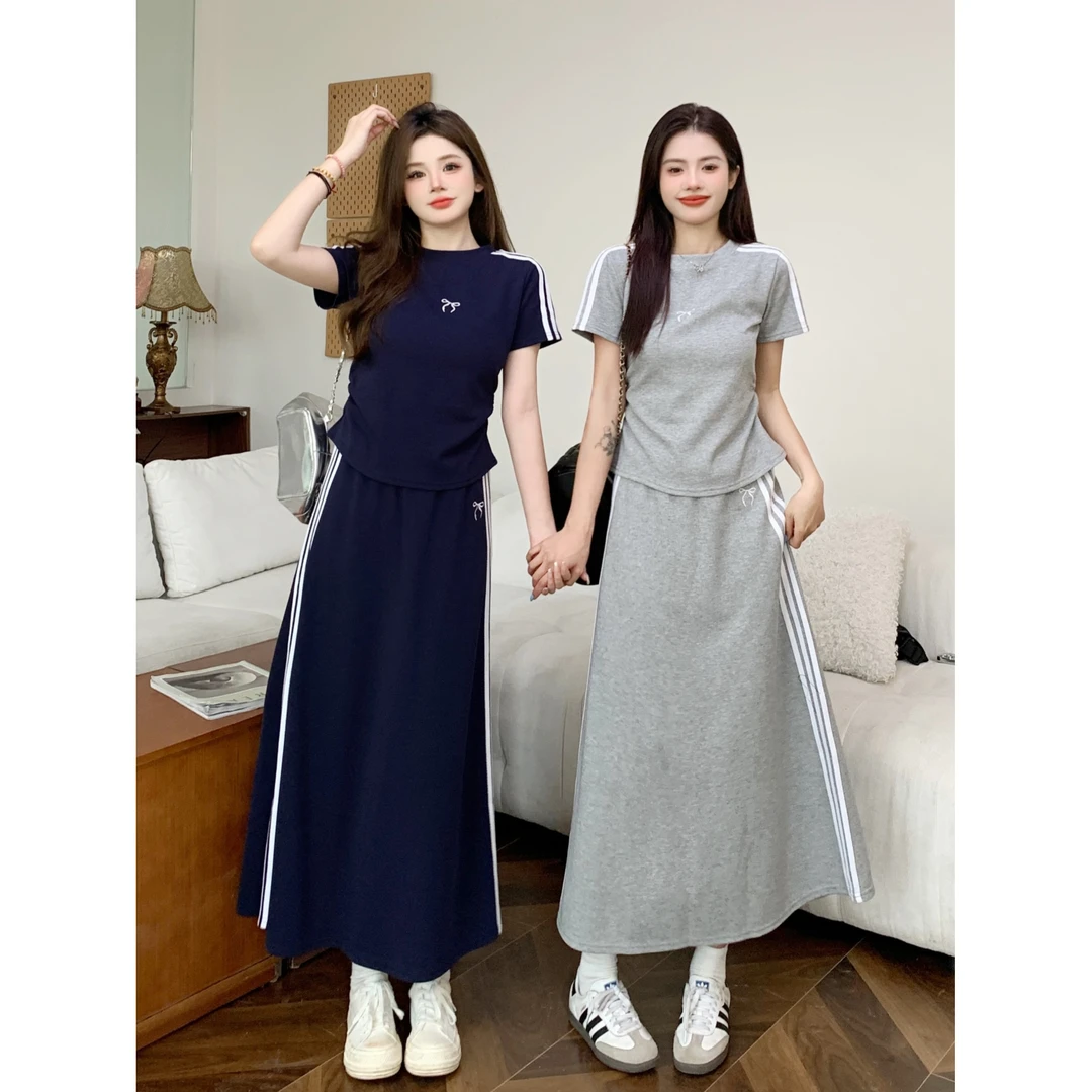 大码时尚套装女夏季休闲运动T恤上衣微胖MM显瘦气质半身裙两件套