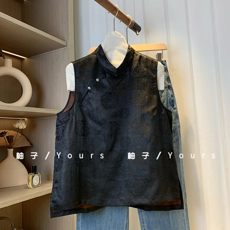 柚子yours【团花纹】100桑蚕丝泥染香云纱罗立领无袖老钱调上衣女