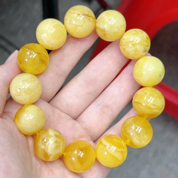 白花鸡油黄19mm瑕疵蜜蜡圆珠手串(491号)