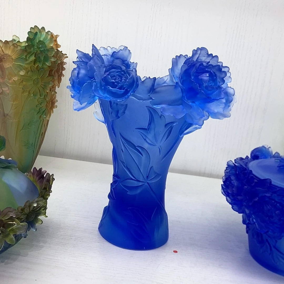 摆件QAA302脱蜡水晶牡丹花花瓶