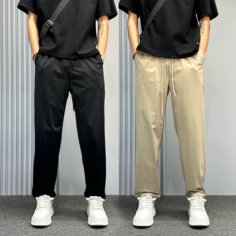 高弹力裤子男夏薄款垂感直筒小脚休闲裤男士痞帅潮牌卡其色小西裤