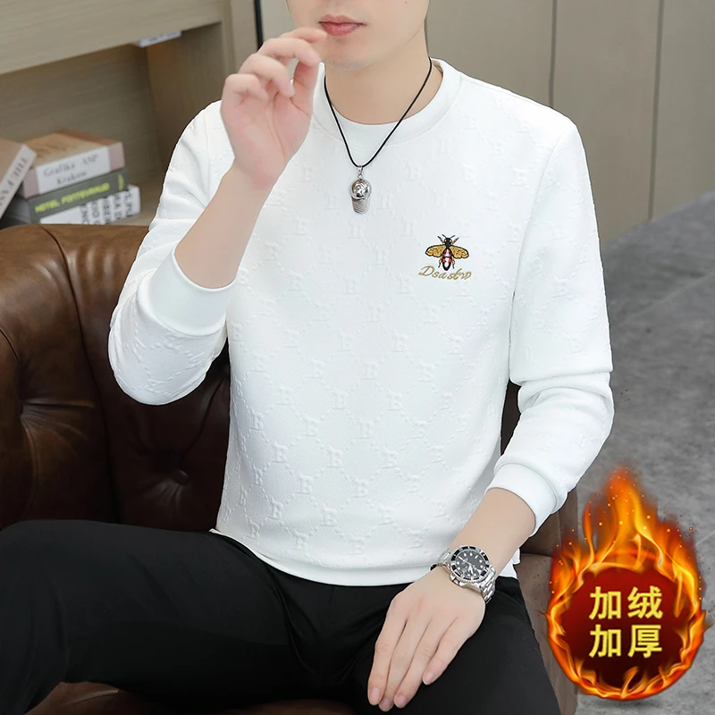 冬季新款加绒打底衫套头刺绣青年卫衣长袖潮流修身百搭保暖T恤