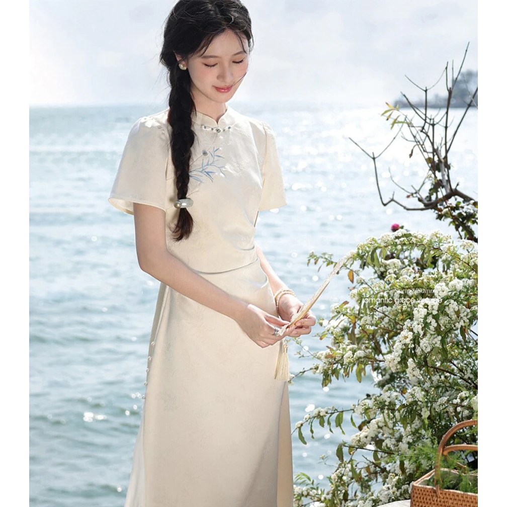 夏季新中式国风旗袍短袖连衣裙子2025年新款女装气质收腰显瘦长裙