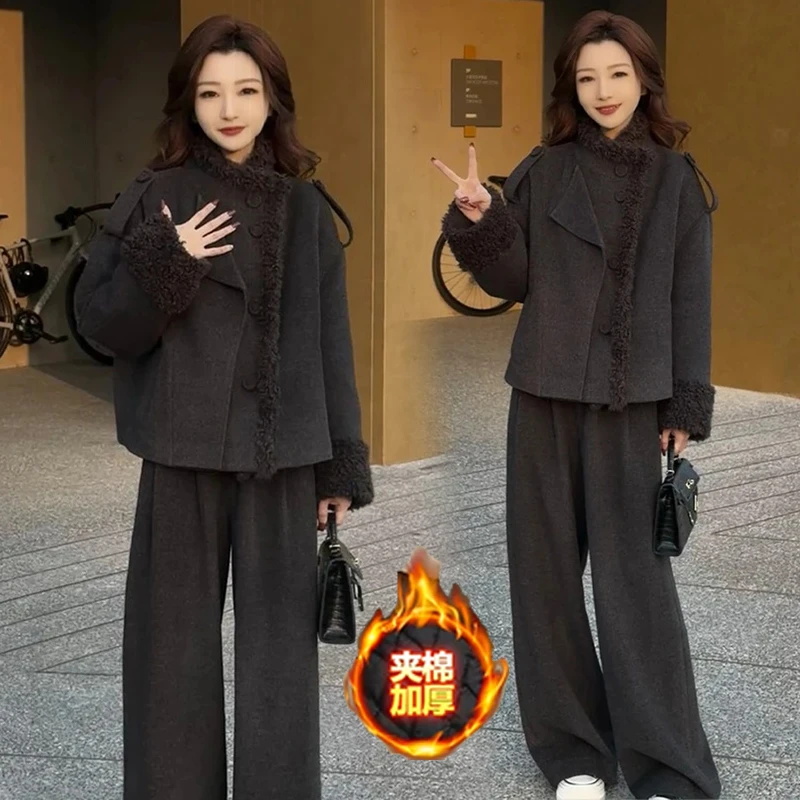 时尚毛呢套装女2025冬季新款洋气宽松显瘦夹棉短外套阔腿裤两件套