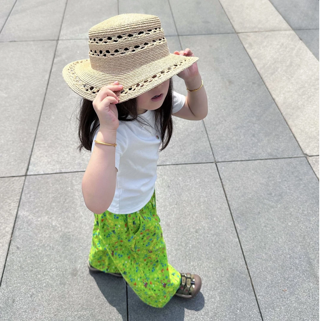 壹妈童装女童夏季套装新款洋气儿童休闲白色短袖绿色碎花防蚊裤