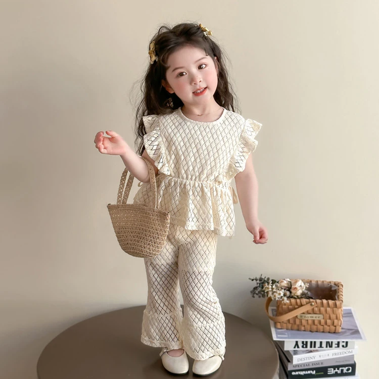 女童夏装套装2025新款夏季娃娃衫儿童背心喇叭裤两件套飞袖女孩装