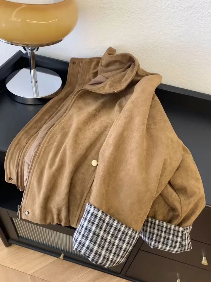 仿麂皮绒短款机车外套女秋冬季2025新款小众设计感美拉德咖色上衣