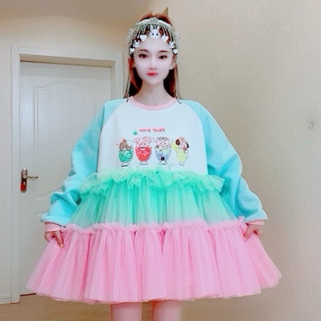 【面条家】5386#秋冬加绒茶杯小狗纱纱拼接卫衣蓬蓬连衣裙