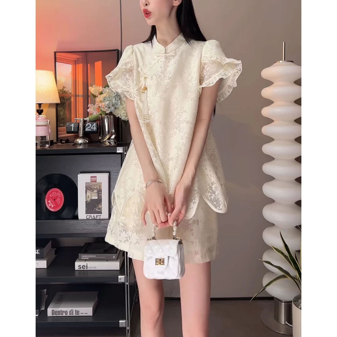 网纱拼接飞飞袖新中式上衣+宽松短裤两件套夏季中国风时尚套装女