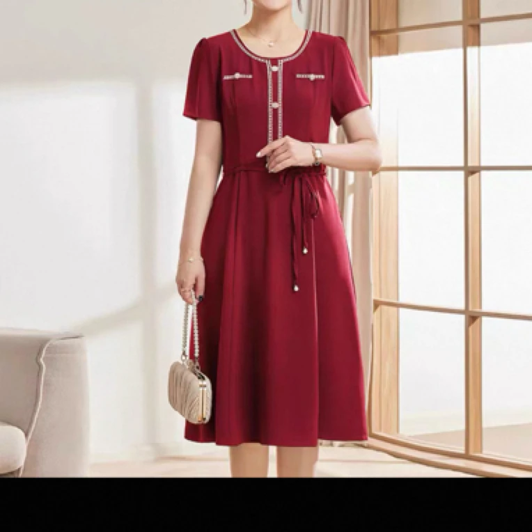 H1110红色连衣裙]女士时尚气约潮拼接裙子春秋色牛ssss