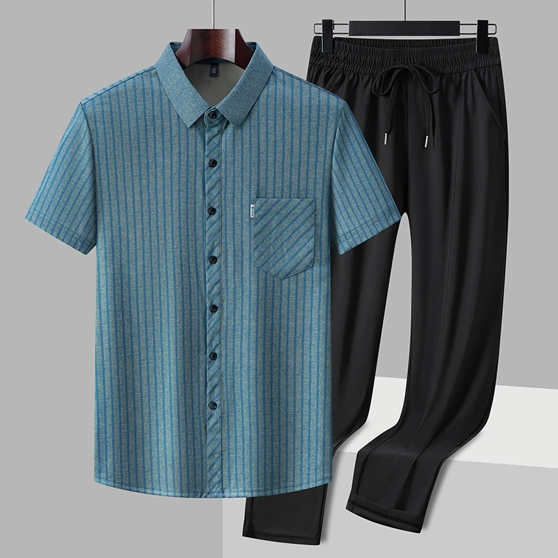 男士夏季短袖条纹修身休闲衬衫时尚百搭爸爸装两件套爸爸夏季套装