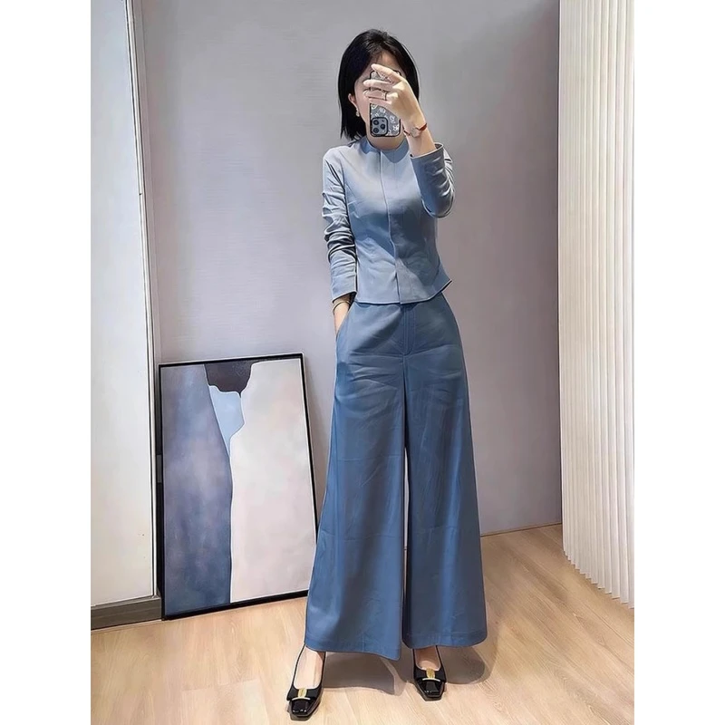 姐系贵感套装早秋巨好看高级小香风气质掐腰蓝色衬衫阔腿裤两件套