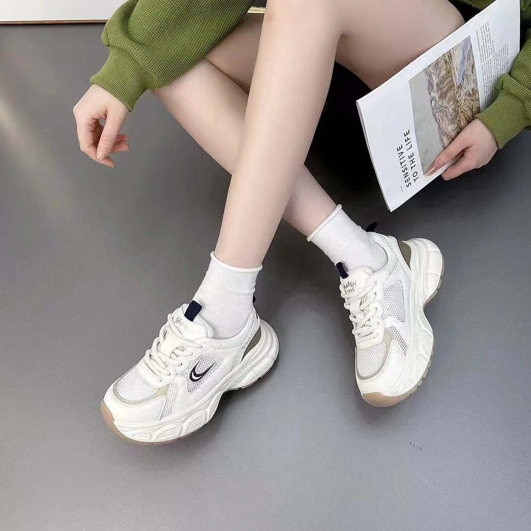 新款大码女鞋40一43春季时尚透网厚底系带休闲鞋加大号百搭老爹鞋