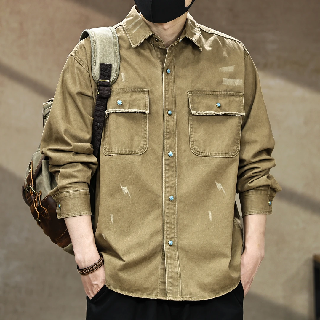 美式高端复古细斜纹做旧抓破工装长袖衬衫男秋季新款纯棉衬衣外套