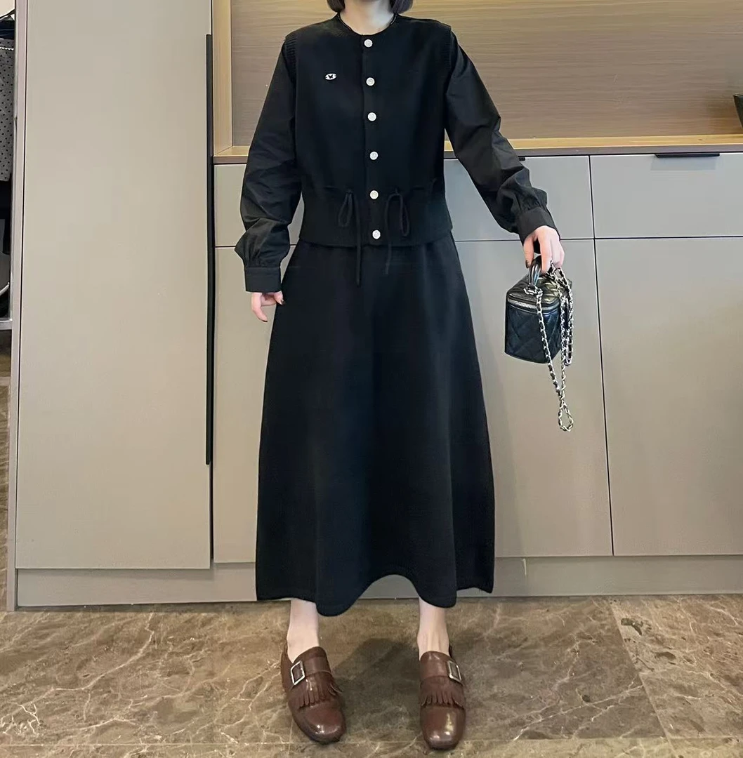 米可/MK-2879PY【拼假两件上衣+长半裙套装】时尚秋季新款两件套