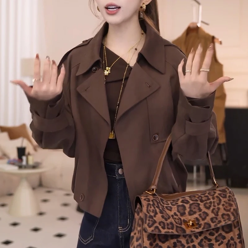 2025秋装新款时尚复古设计款风衣外套女气质百搭短款翻领开衫上衣