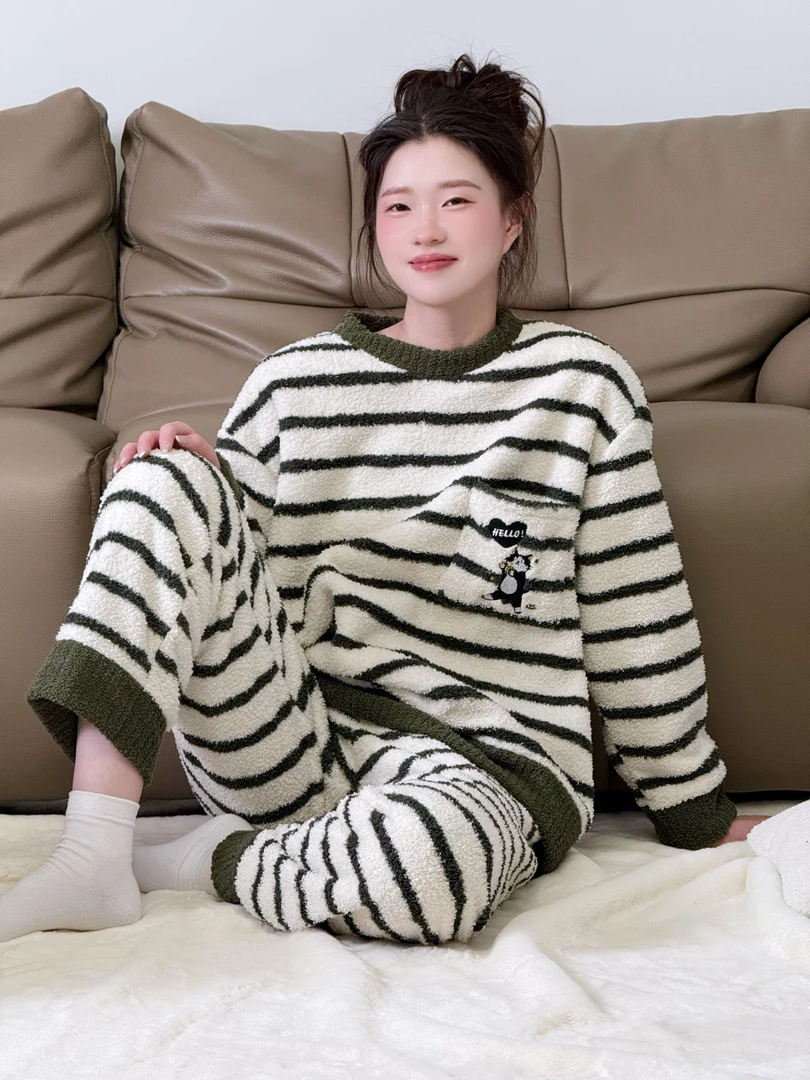 蓉姿卡家居服套装条纹风睡衣保暖加厚长袖冬季