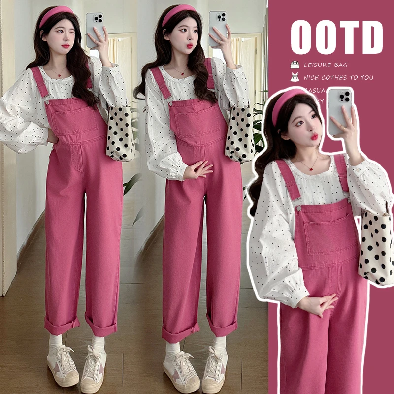 孕妇装春季新款韩版休闲简约牛仔背带裤洋气减龄波点上衣衬衣套装
