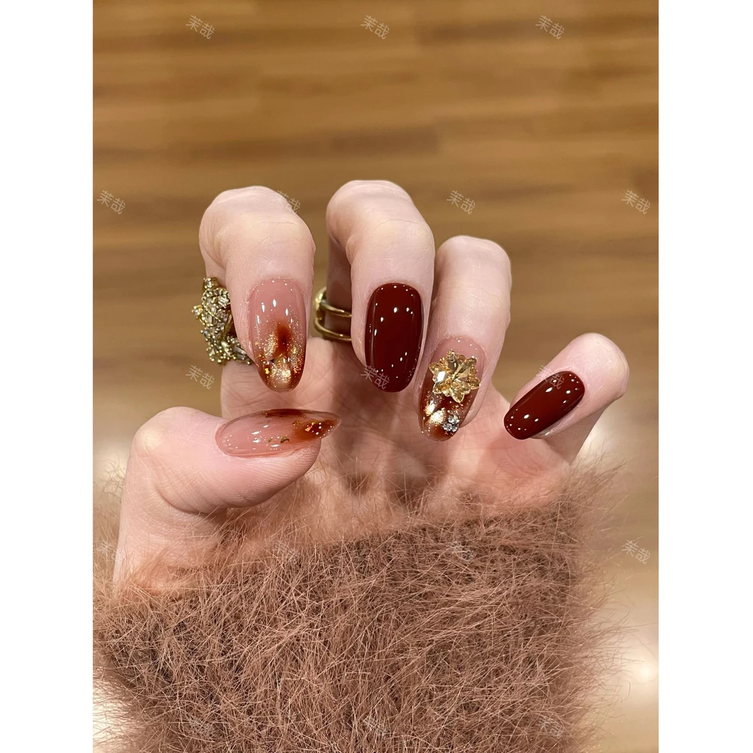 茉哉III现货【日暮溶金】纯手工定制美甲拆卸穿戴甲A5240