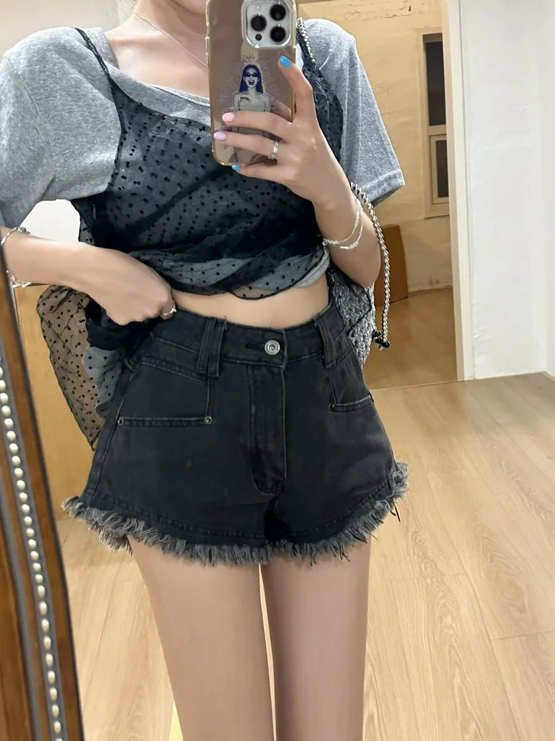 【HuiHui】小众高弹力百搭辣妹高腰不规则短裤牛仔（H8532）