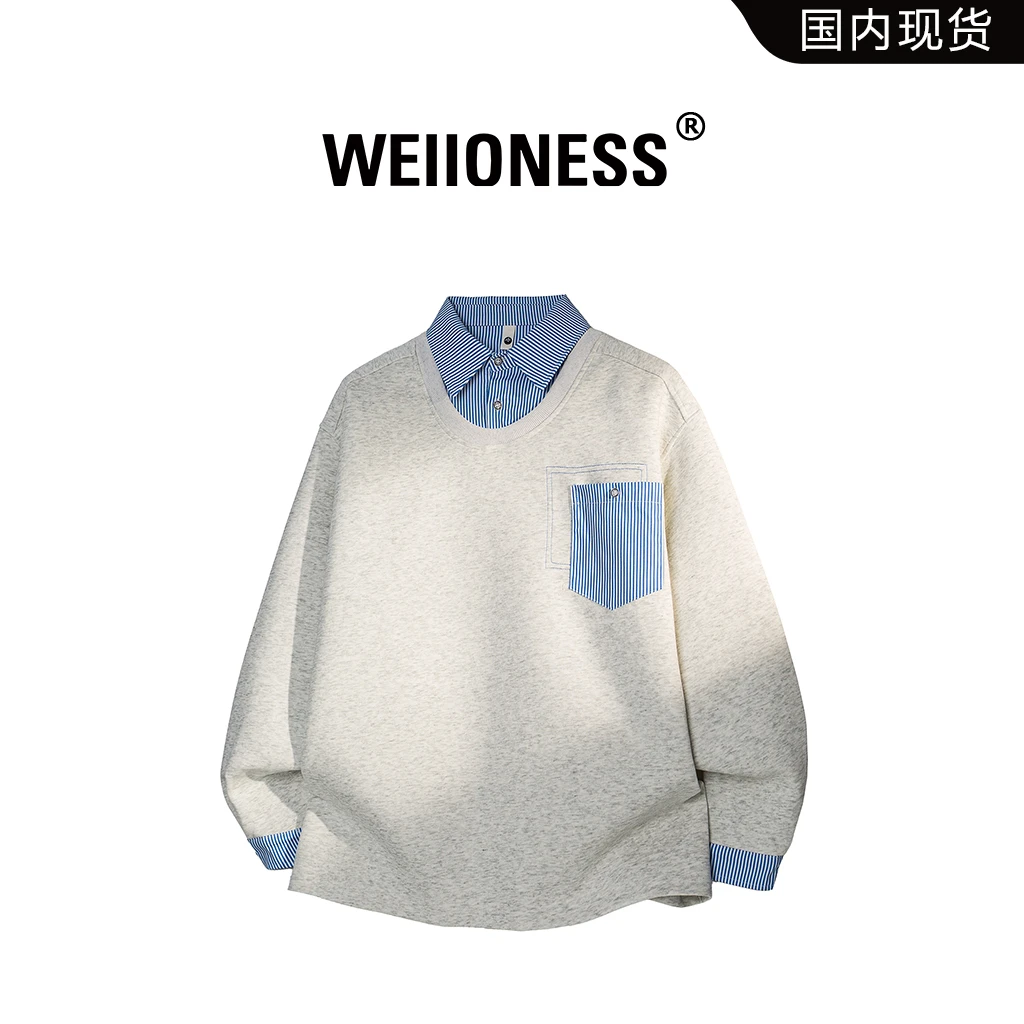 WEIIONESS早秋季潮牌假两件拼接衬衫领口袋设计长袖卫衣男士上衣