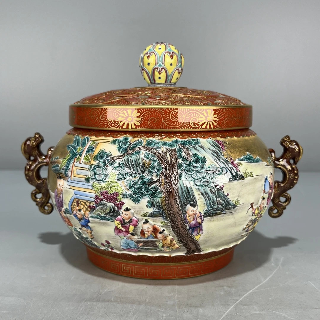 当代仿制 仿古大清乾隆年制金地珐琅彩浮雕婴戏图双耳香炉