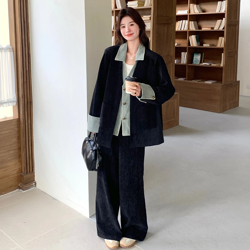 2025设计感拼接牛仔灯芯绒外套女装微胖mm显瘦穿搭高级感气质套装