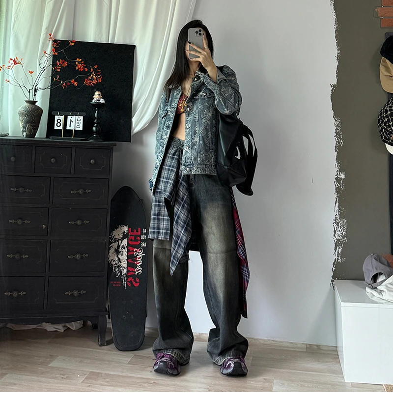 巴黎走秀美式时尚假两件格子牛仔裤男宽松大码水洗做旧复古休闲裤