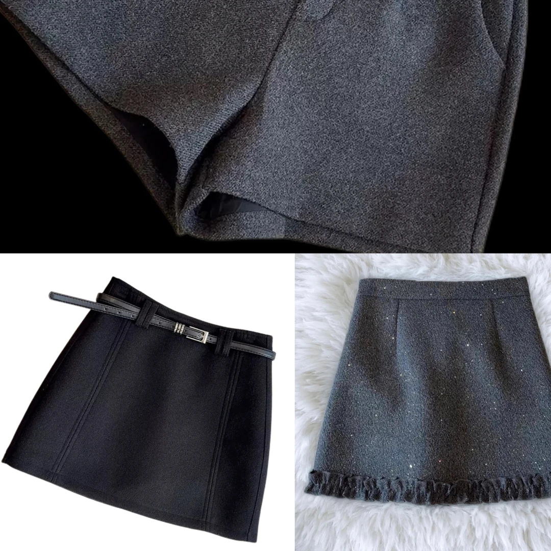 【高端定制】新款毛呢高腰A字木耳边防走光半身短裙女