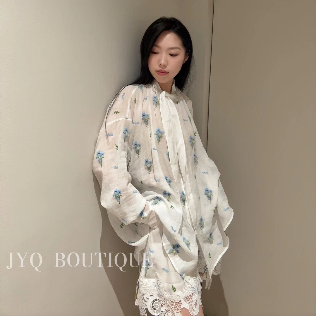 JYQ-XIAOLI筱李设计师款白色兰麻蓝碎花飘带上衣