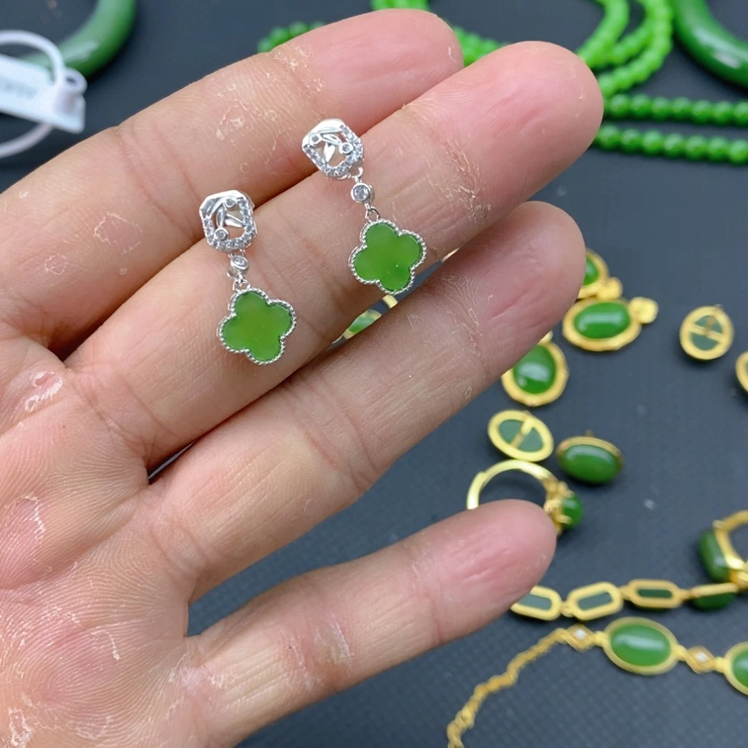 和田玉（碧玉）耳饰银S925镀金镶嵌