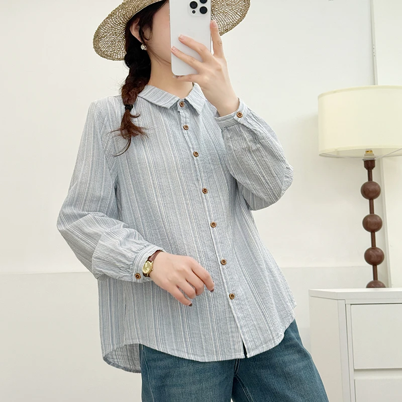 夏季休闲显瘦防晒薄款时尚休闲纯棉条纹衬衫品质高级感外套长袖
