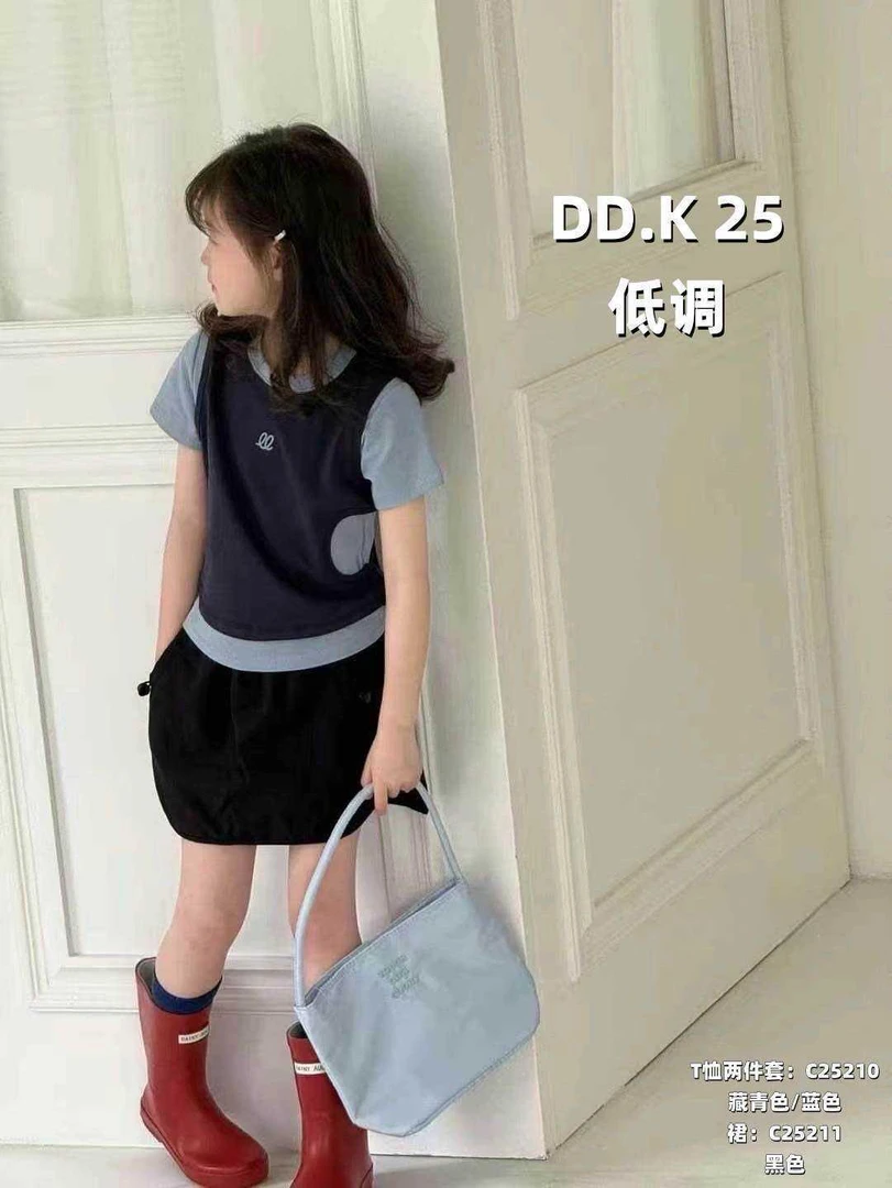 女童夏季韩版纯色短袖设计感背心撞色叠穿T恤