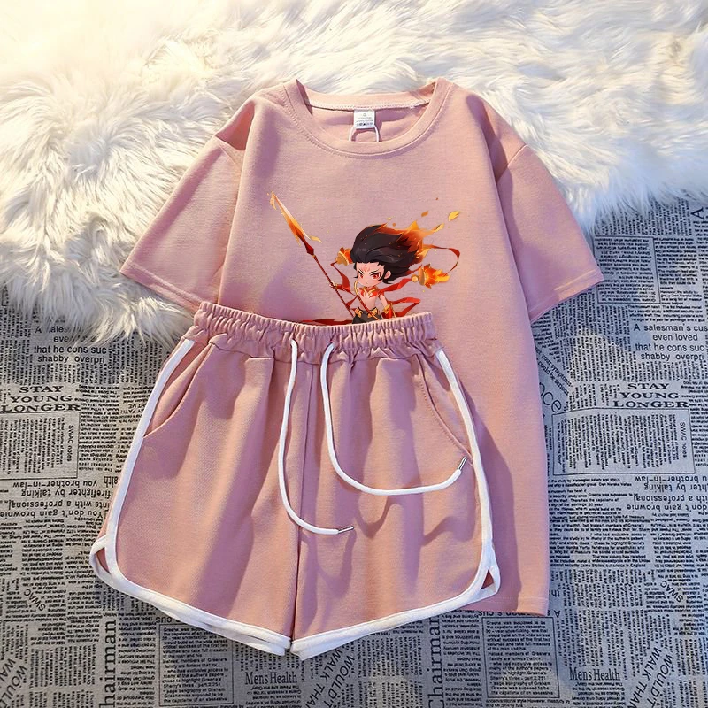 国风哪吒魔童图案新款宽松休闲polo短袖cs短裤两件套女夏女款夏季