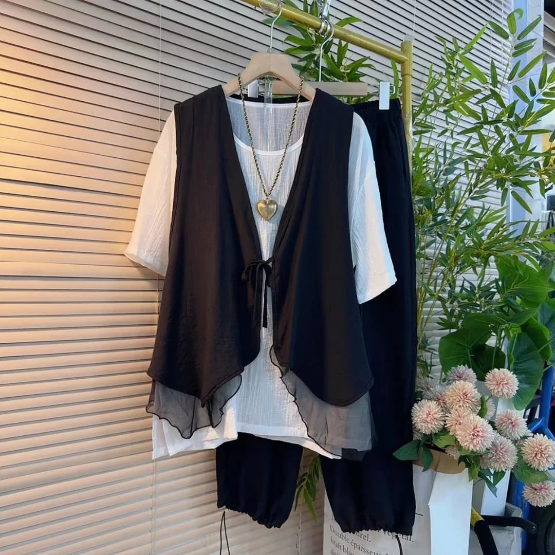 p夏季新款胖mm时尚拼接款马甲短袖小衫九分收脚显瘦三件套女套装