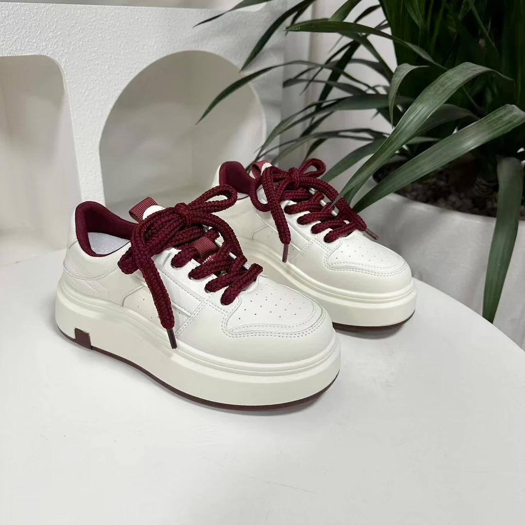 220红色 厚底小白鞋2025春季新款松糕增高时尚休闲板鞋复古运动鞋