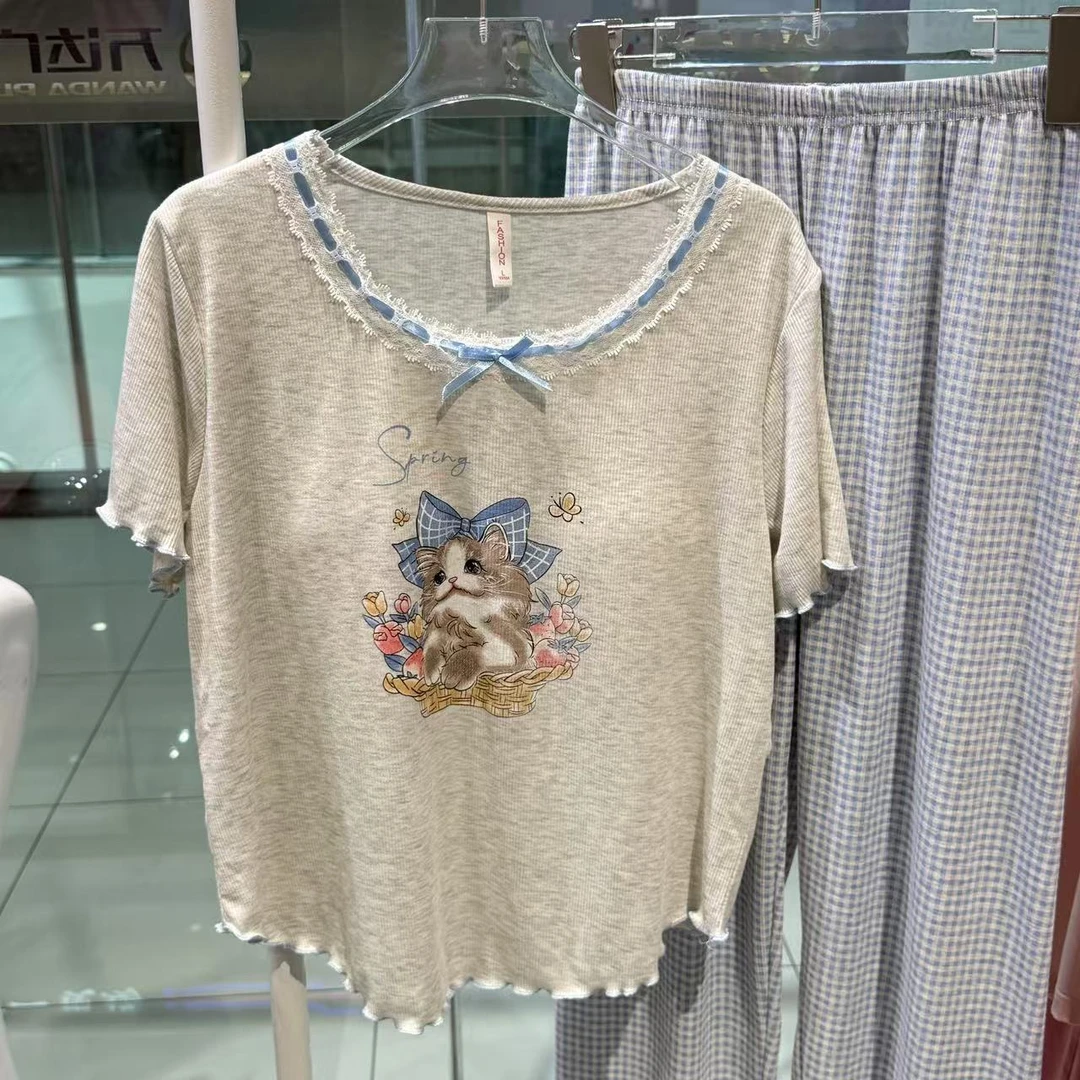 夏季新款小猫咪短袖带杯垫三件套睡衣可爱甜美透气女粉蓝套装2191