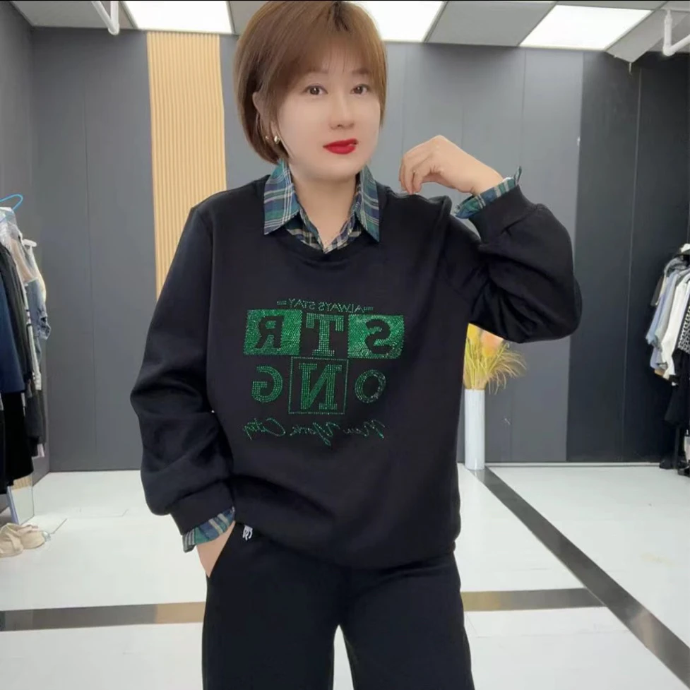 显瘦春款不褪色女秋季长袖三粒扣拼接卫衣春季时尚减龄早秋-9976