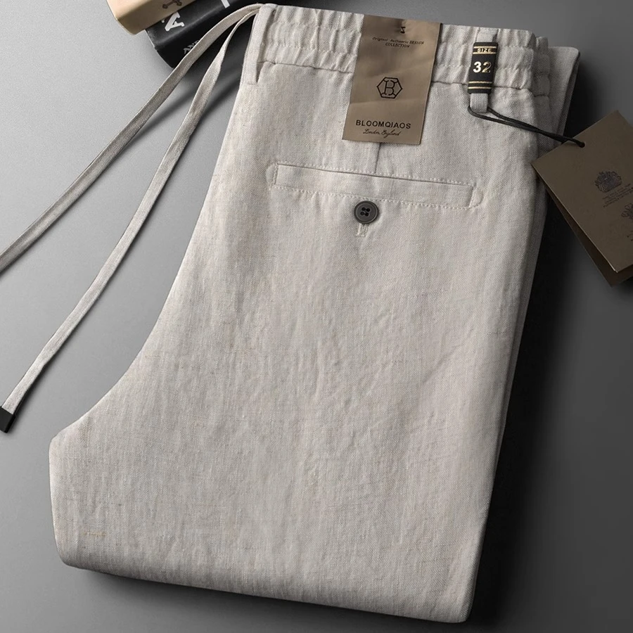 高端宽松直筒亚麻裤松紧腰男士休闲长裤百搭透气大裤脚休闲长裤子