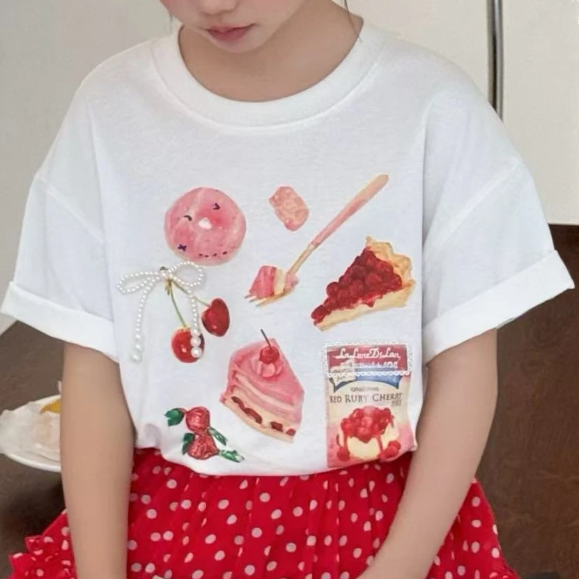 3128儿童夏款珍珠蝴蝶结甜品短袖