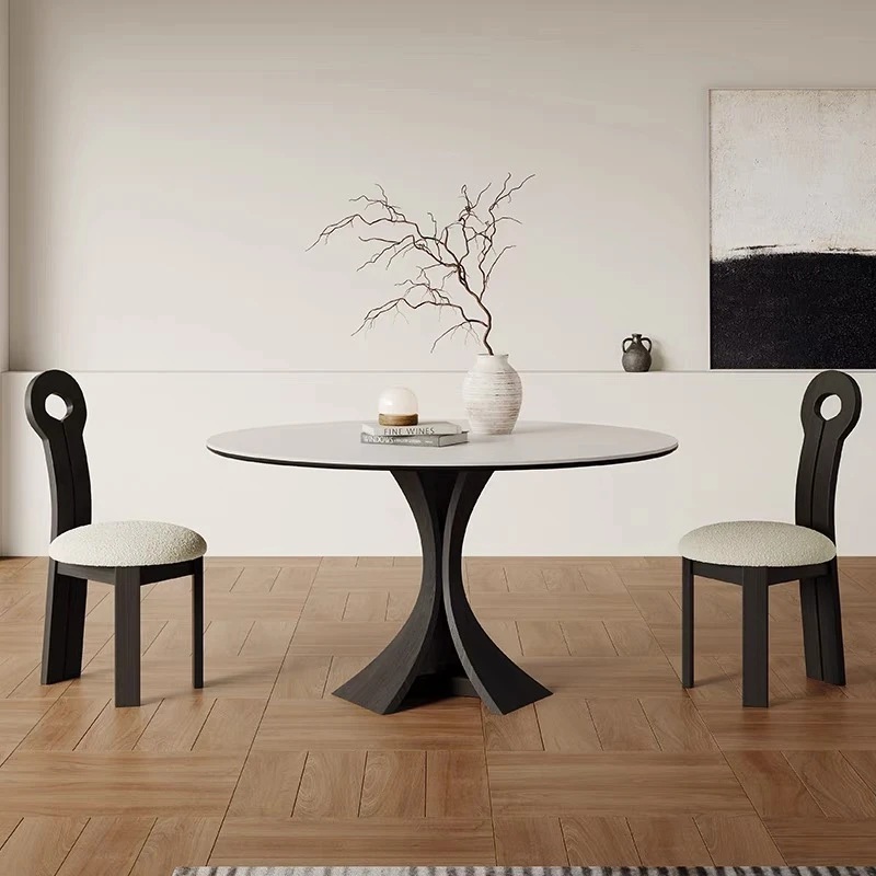 法式轻复古实木圆形餐桌2025新款岩板黑色高端奶油美式中古风家庭