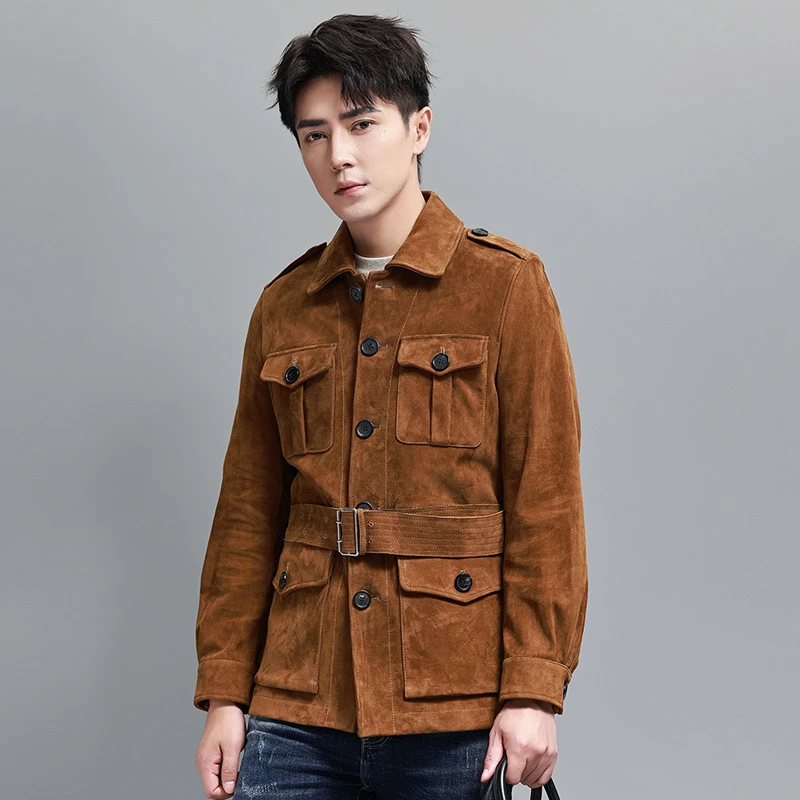 复古猎装男士真皮皮衣中长款反绒小羊皮2024秋新款翻领皮夹克外套