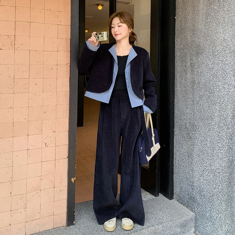 黑色高级感假两件时尚套装女春季2025新款轻熟风气质阔腿裤两件套