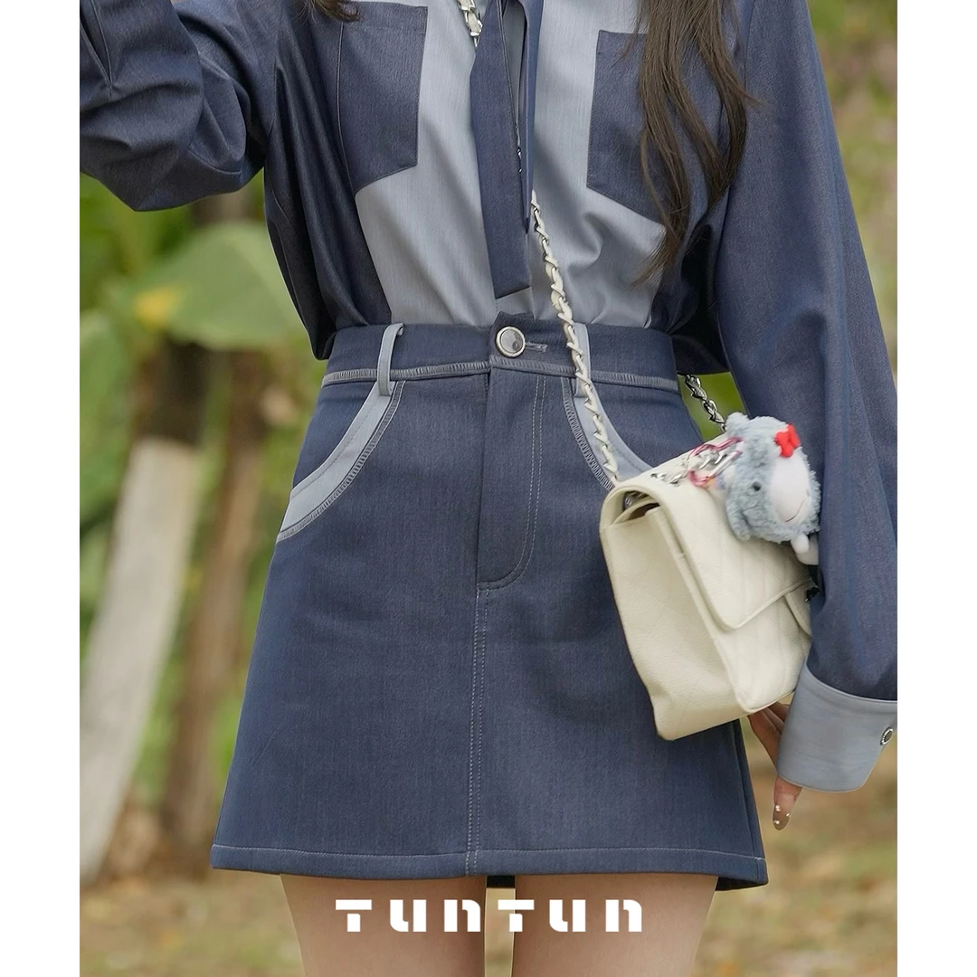 吞吞TUNT【晴天与你】休闲牛仔风 显瘦拼色后腰松紧半裙