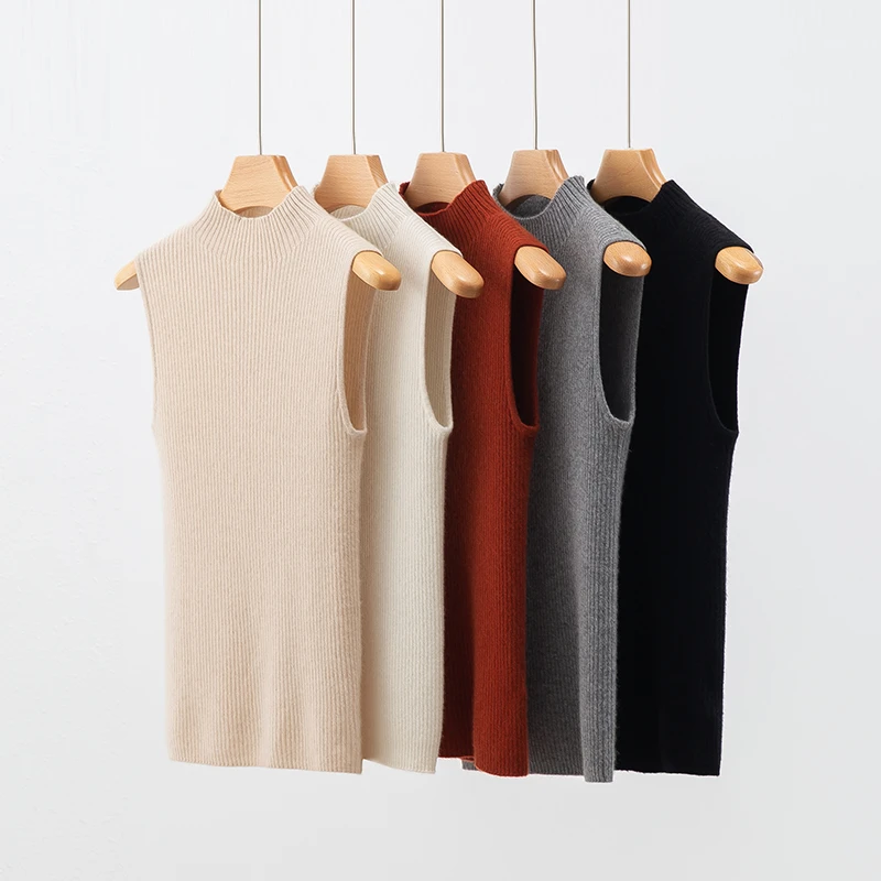 100%山羊绒坑条修身显瘦无袖半高领套头一线成衣羊绒打底衫女8006