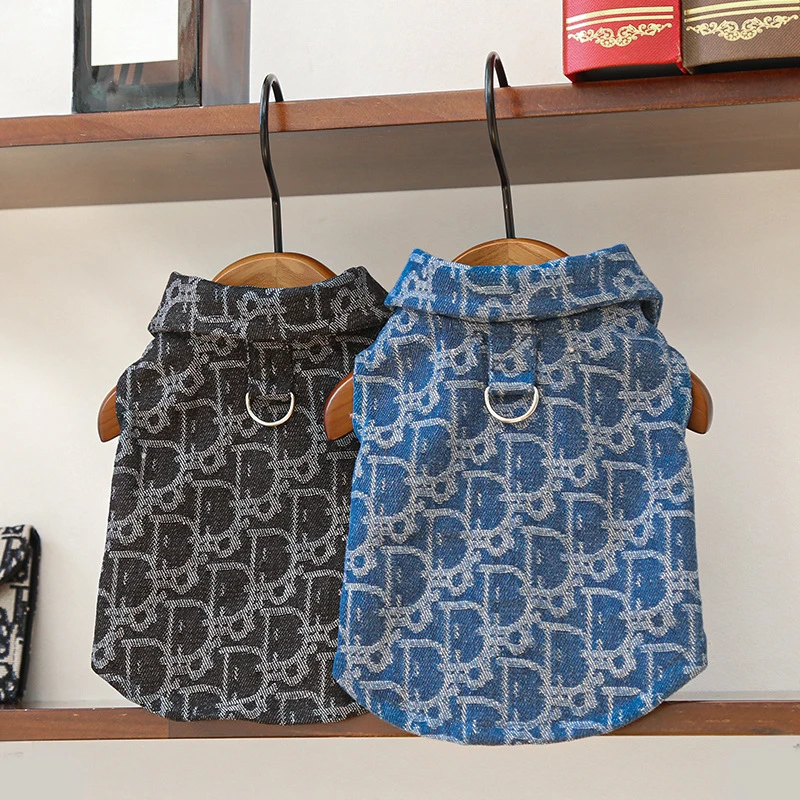 秋冬季提花牛仔衬衣宠物服装适合小狗狗猫咪比熊泰迪牵引用品