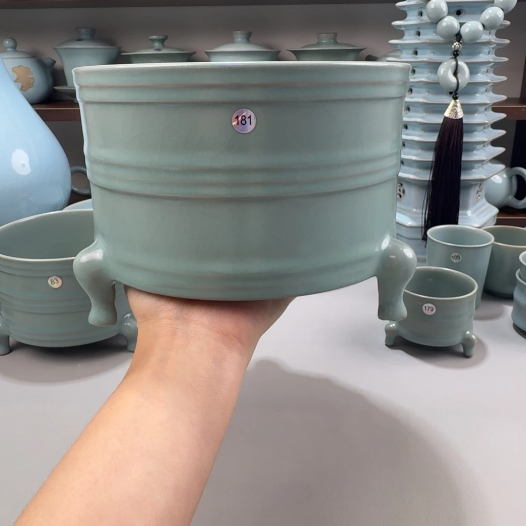 摆件特价汝窑仿古釉大号弦纹樽编号181