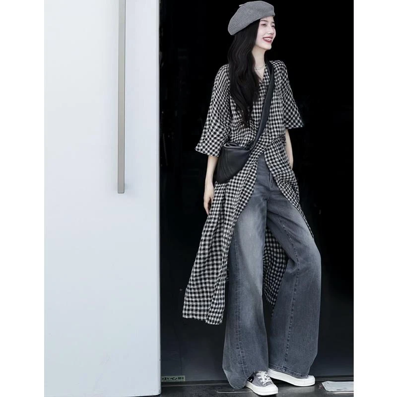 法式文艺复古格子短袖衬衫连衣裙女夏慵懒风叠穿小众别致宽松长裙