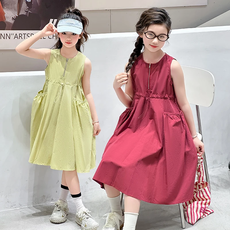 女童纯色大口袋连衣裙2025夏季新款中大童工装背心裙女孩时髦衣服